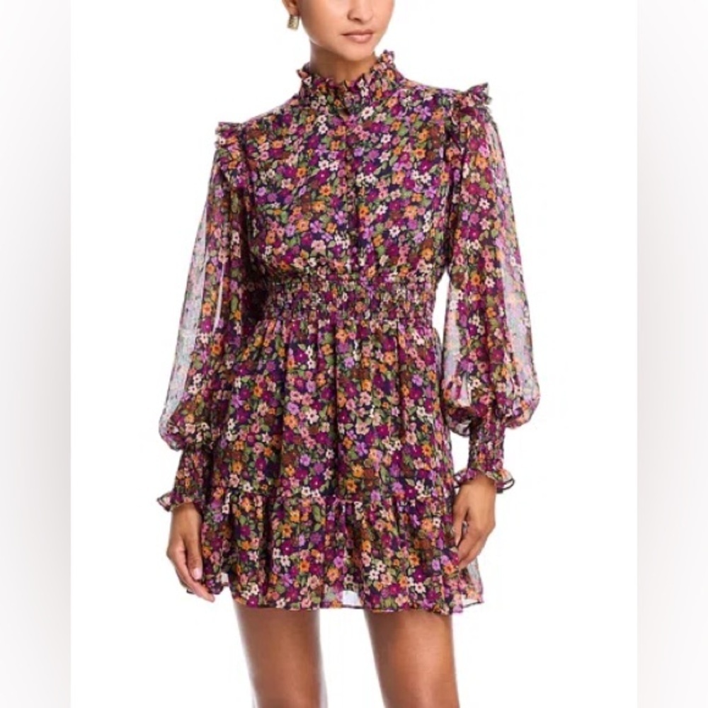 Aqua Multicolor Floral Long Sleeve Ruffled Mini Smocked Dress Exclusive Small